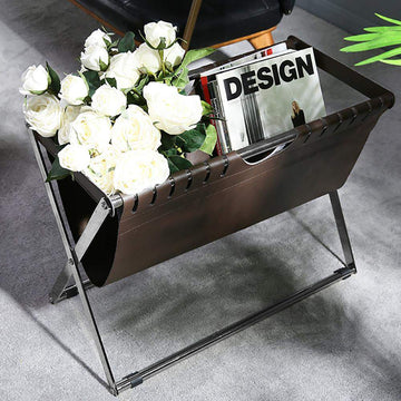 Modern Magazine Rack in Leather and Steel Brown-Furniture,Magazine Racks,Office Furniture